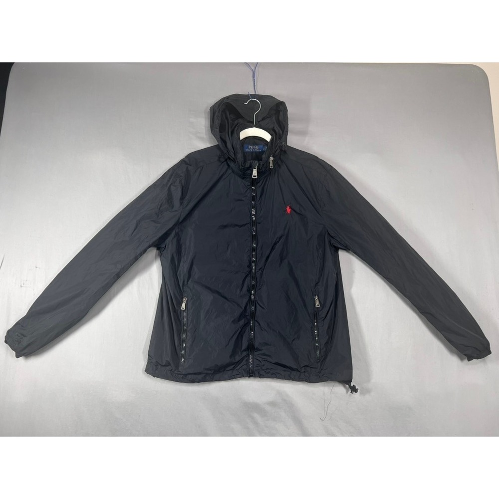 Polo Ralph Lauren Mens Black Lightweight Windbreaker Hooded Jacket L Full Zip